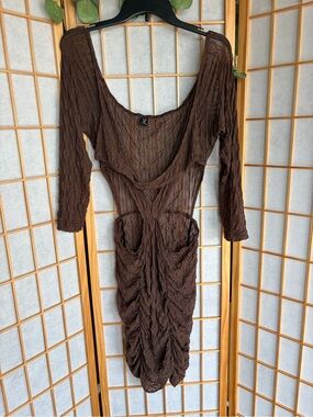 SHEIN Brown Long Sleeve Ruched Scoop-Neck Dress